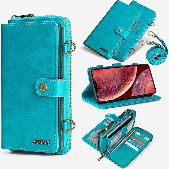Brieftaschenhülle für iPhone Samsung [2 in 1] Magnetische abnehmbare Geldbörse [Crossbody-Kette] Folio Flip Card Solt Protection Back Cover