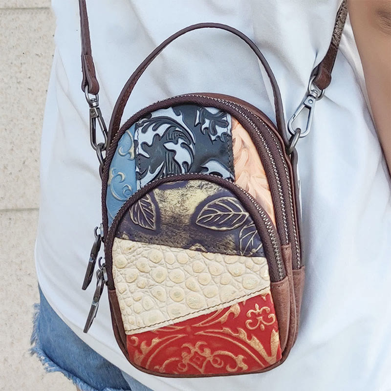 Handytasche für Damen, Umhängetasche aus Leder mit zufälligen Nähten und Farbe