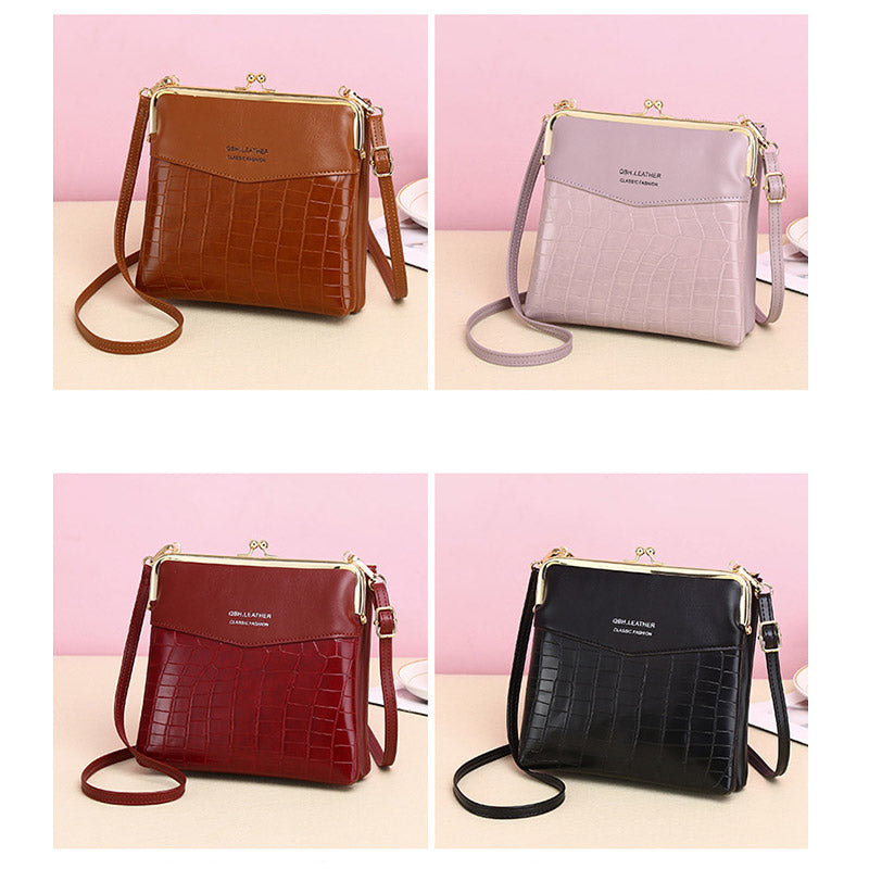 Leder-Crossbody-Handtasche für Damen mit zwei Fächern und Kiss Lock-Umhängetasche