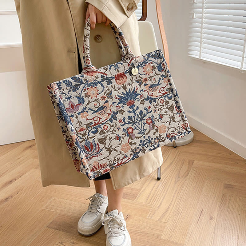 Einkaufstasche für Damen, einfache Retro-Handtasche mit großer Kapazität und Blumenmotiv