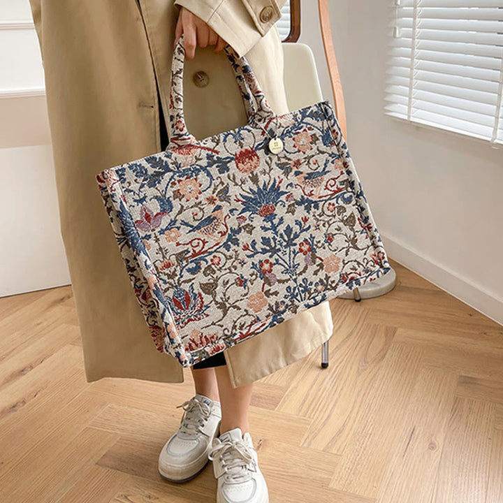 Einkaufstasche für Damen, einfache Retro-Handtasche mit großer Kapazität und Blumenmotiv