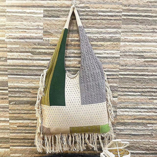 Quaste Umhängetasche für Damen Einfache Retro Gespleißte Stricktasche