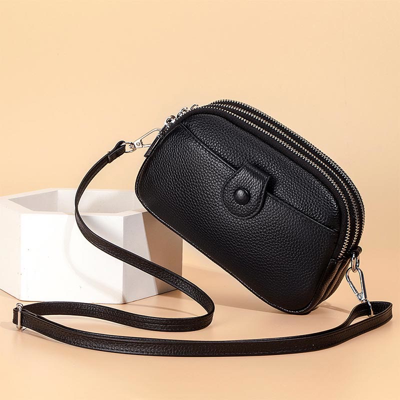 Schultertasche aus echtem Leder mit drei Reißverschlüssen, lässige Umhängetasche für Damen