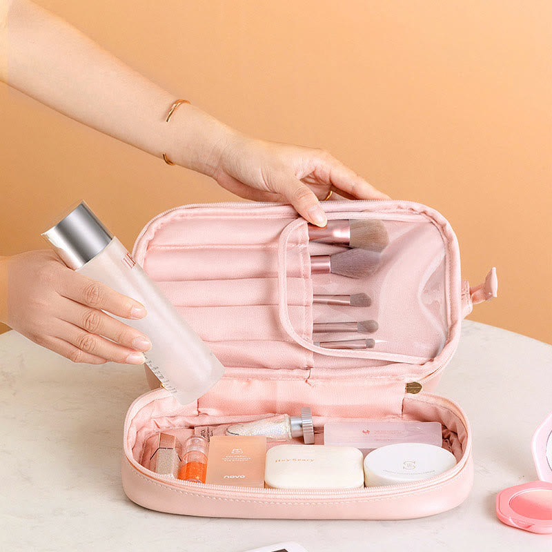 Make-up-Tasche für Damen, tragbare Reise-Kulturtasche aus Leder