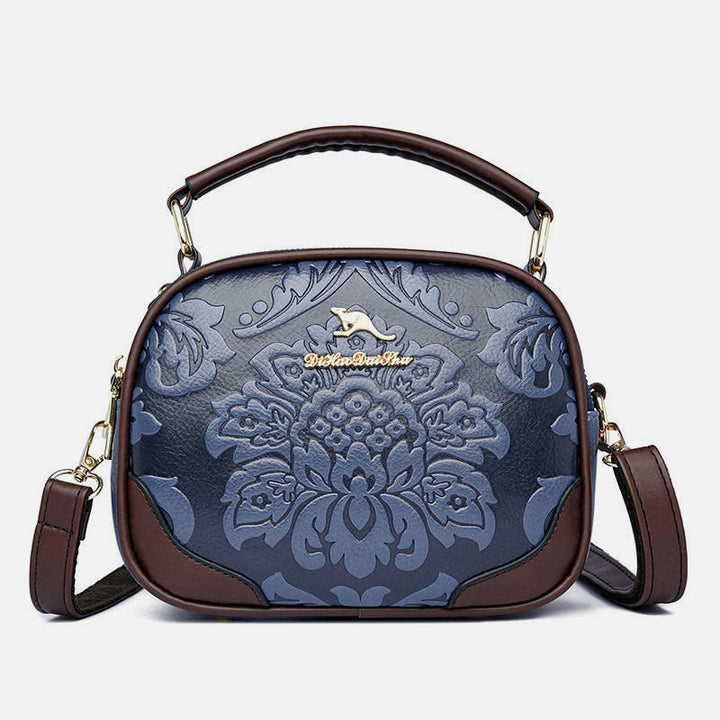 Handtasche mit Blumenprägung für Damen, Umhängetasche mit zwei Fächern