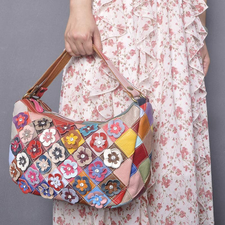 Mehrfarbige Boston-Tasche aus echtem Leder mit Blumenmuster, Hobo-Tragetasche, Umhängetasche