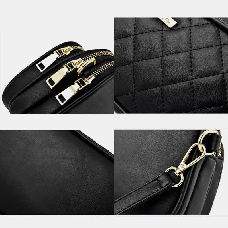 Umhängetasche mit drei Reißverschlüssen, gestepptes Leder, Schultertasche für Damen