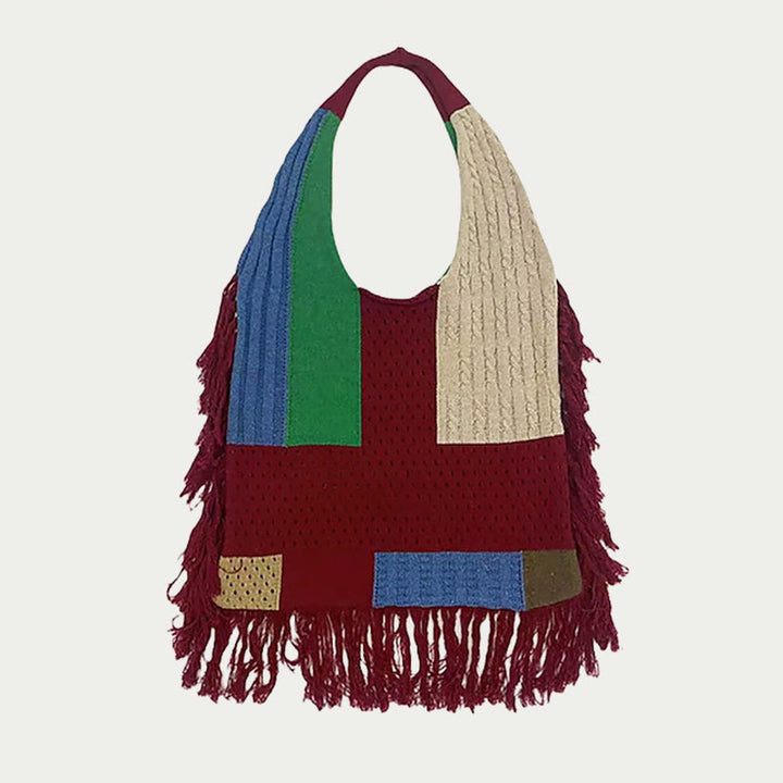 Quaste Umhängetasche für Damen Einfache Retro Gespleißte Stricktasche