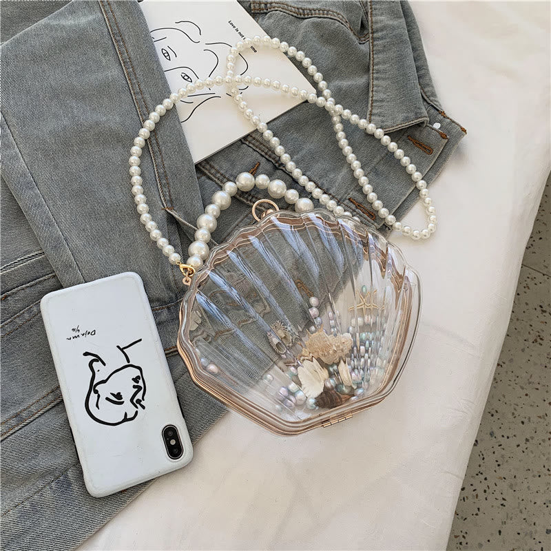 Umhängetasche für Damen mit Perlenkette und Clip, transparente Tasche