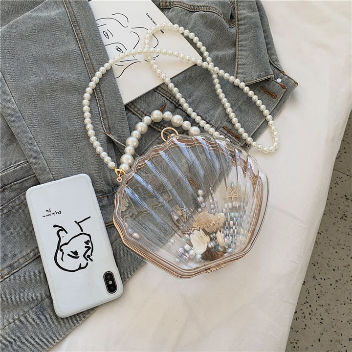 Umhängetasche für Damen mit Perlenkette und Clip, transparente Tasche