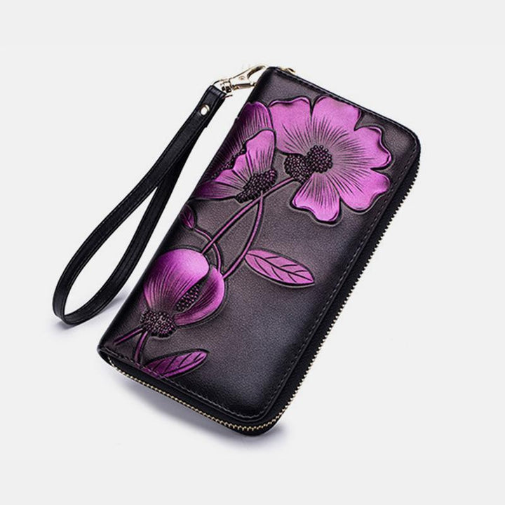 RFID-Geldbörse aus echtem Leder mit Vintage-Blumenprägung