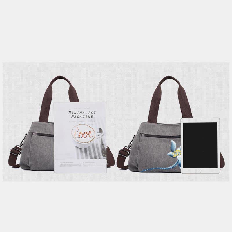 Handtasche aus Segeltuch mit drei Fächern und Blumendruck, Umhängetasche
