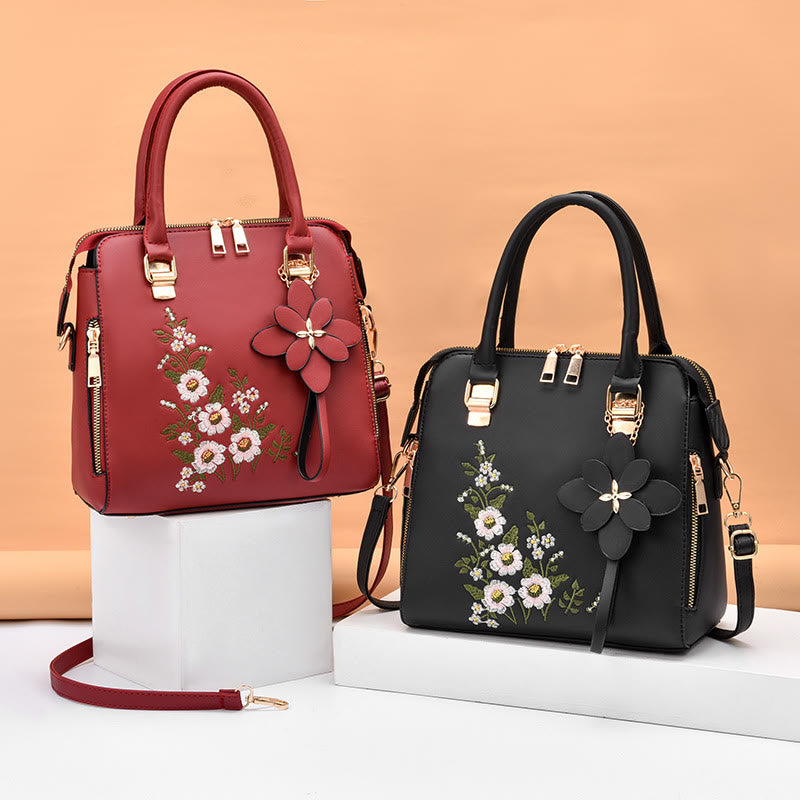 Florale Lederhandtasche für Damen, elegante Umhängetasche