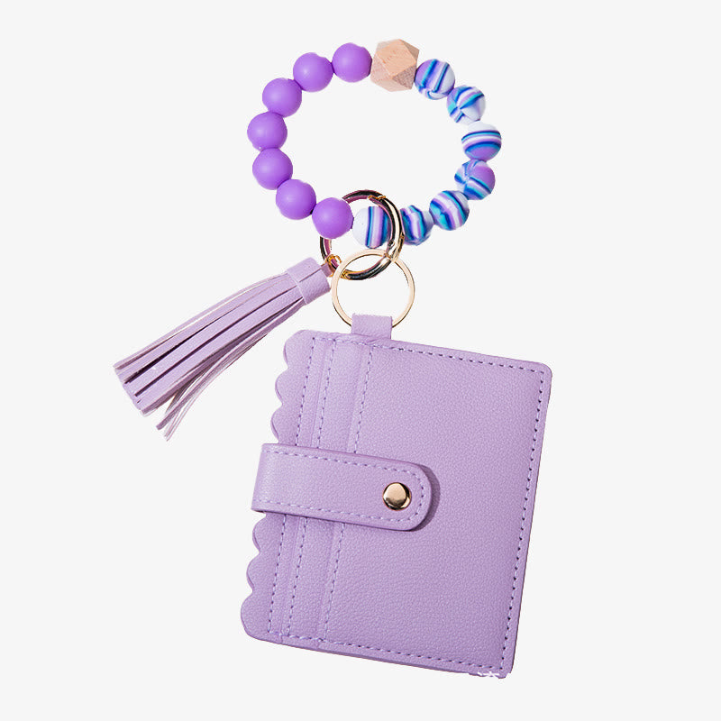 Leder-Kartenhalter für Damen, Silikonperlen-Armband mit Anhänger