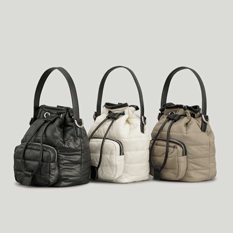Puffer-Beuteltasche mit Kordelzug für Damen, Daunen-Umhängetasche, gesteppte Umhängetasche