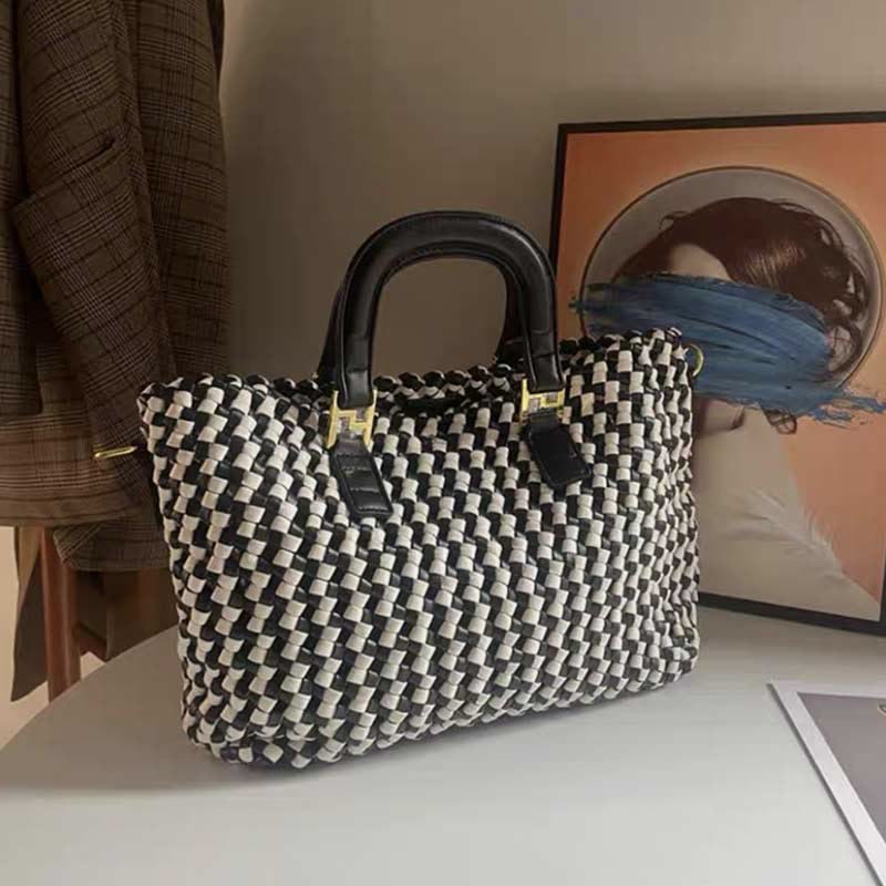 Handtasche für Damen, gewebte Umhängetasche aus Leder mit großem Fassungsvermögen