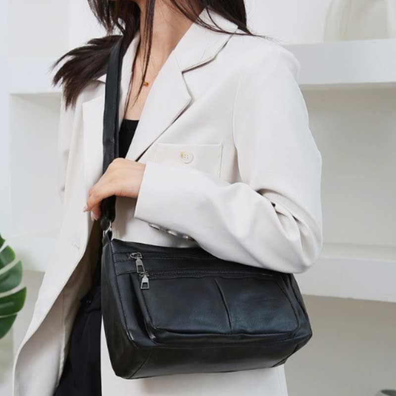 Umhängetasche mit 3 Reißverschlüssen für Damen, leichte, wasserdichte Schultertasche aus Leder