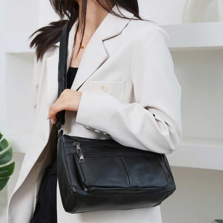 Umhängetasche mit 3 Reißverschlüssen für Damen, leichte, wasserdichte Schultertasche aus Leder