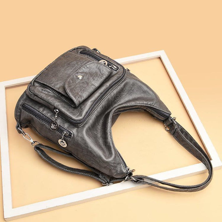 Einkaufstasche aus Leder im Vintage-Stil mit vielen Taschen und großer Kapazität