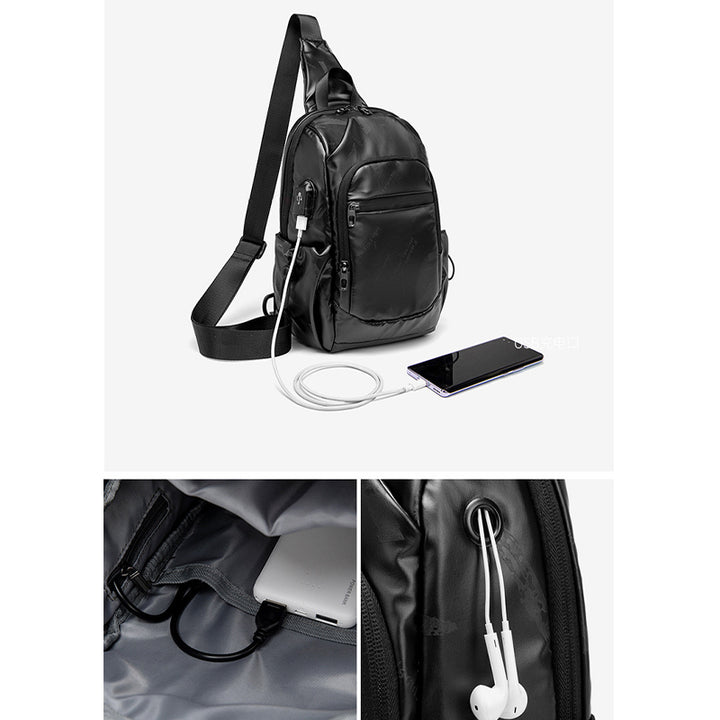 Kleine schwarze Sling-Umhängetasche für Damen und Herren, Tagesrucksack mit USB-Ladegerät