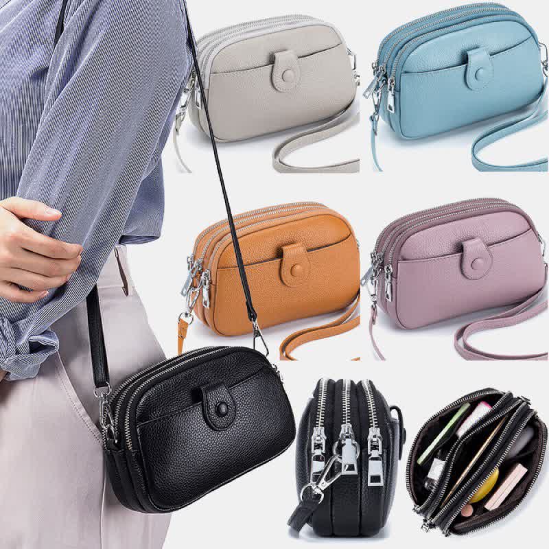 Schultertasche aus echtem Leder mit drei Reißverschlüssen, lässige Umhängetasche für Damen