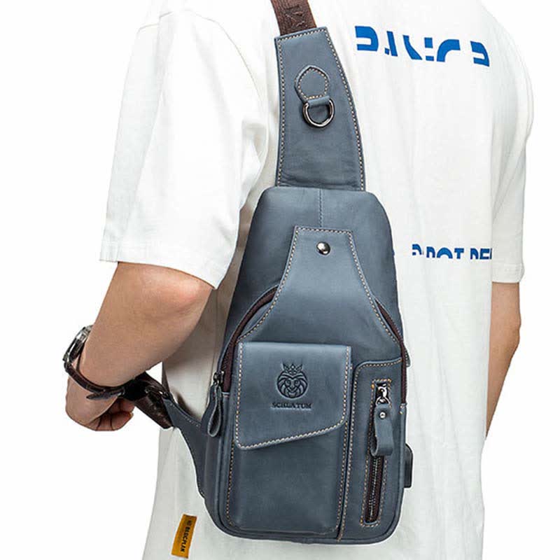 Brusttasche aus echtem Leder mit mehreren Taschen und USB-Ladeanschluss
