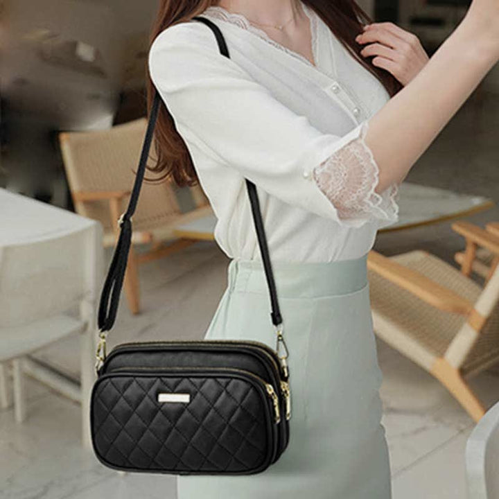 Umhängetasche mit drei Reißverschlüssen, gestepptes Leder, Schultertasche für Damen