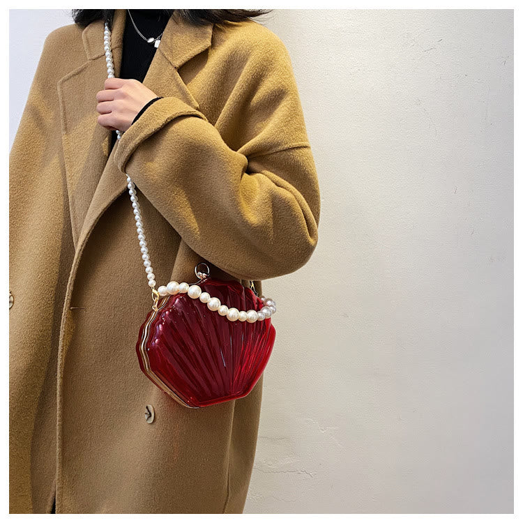 Umhängetasche für Damen mit Perlenkette und Clip, transparente Tasche