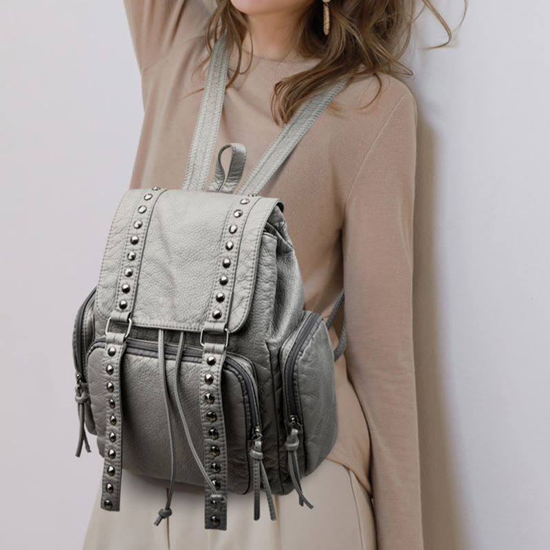 Nietenrucksack für Damen, Reiserucksack aus weichem, schlichtem Leder