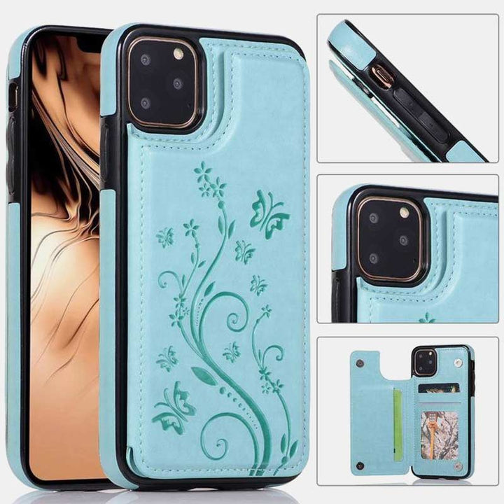 Handyhülle mit Ständer für iPhone mit Kartenhalter, doppelter Magnetverschluss