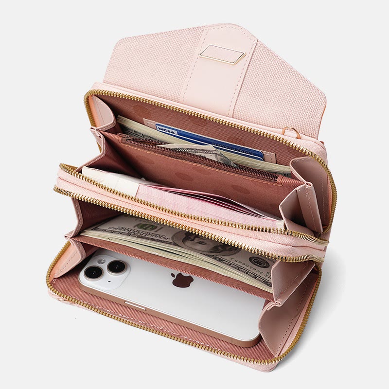 Handytasche für Damen, PU-Leder, Umhängetasche mit mehreren Fächern und Reißverschluss