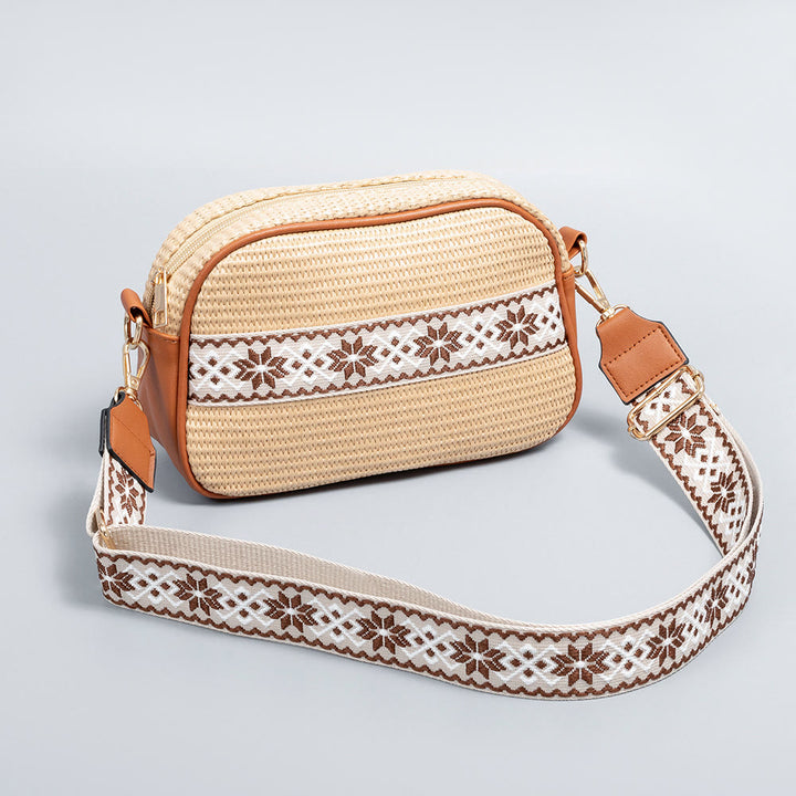 Kleine Pendlertasche für Damen, Umhängetasche aus Stroh mit breitem Riemen