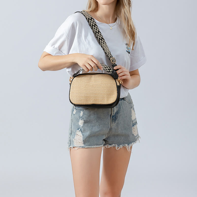 Kleine Pendlertasche für Damen, Umhängetasche aus Stroh mit breitem Riemen