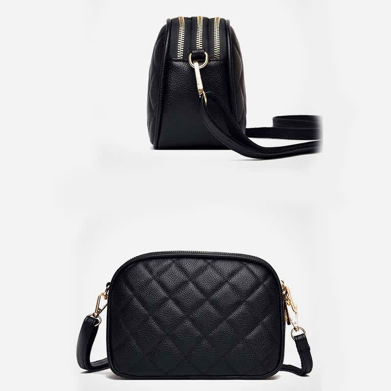 Umhängetasche mit 3 Reißverschlüssen für Damen, gestepptes Kunstleder, kleine Schultertasche
