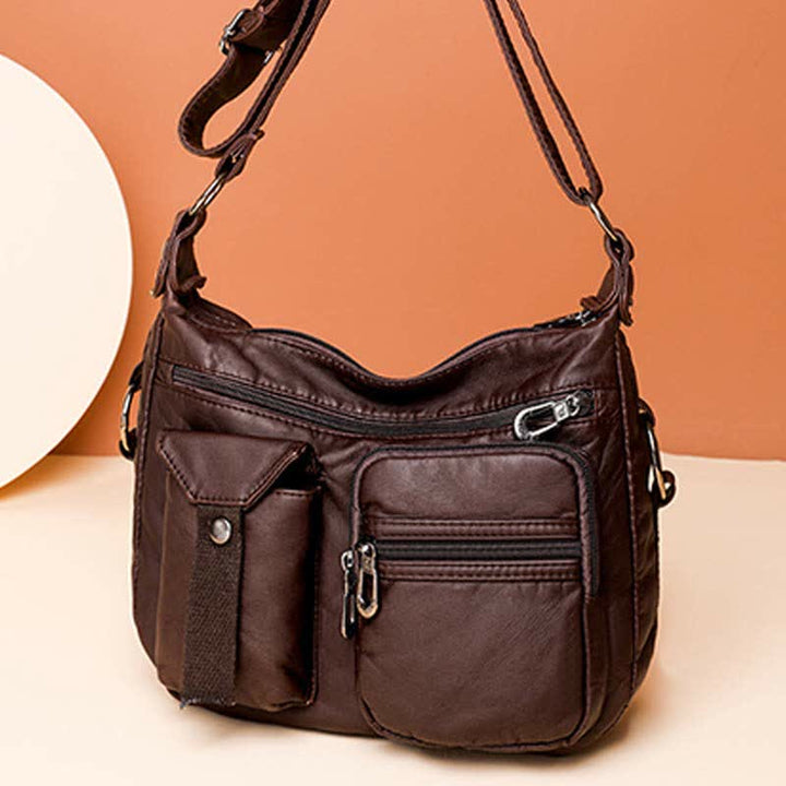Damen Umhängetasche aus weichem Leder mit zwei Fächern, geräumige Handtasche, Schultertasche