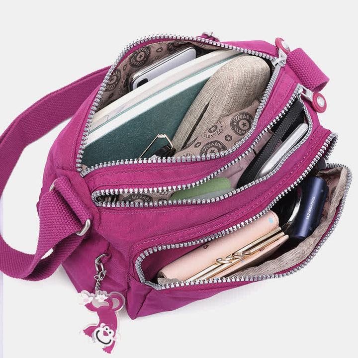 Umhängetasche für Damen, leichte Schultertasche aus Nylon mit Dreifach-Reißverschluss
