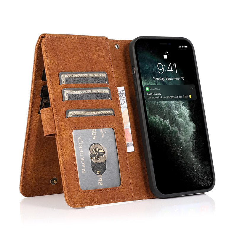 Brieftaschenetui für iPhone Samsung, langlebiges Flip-Lanyard-Gurt-Armband, Reißverschluss, Kartenhalter