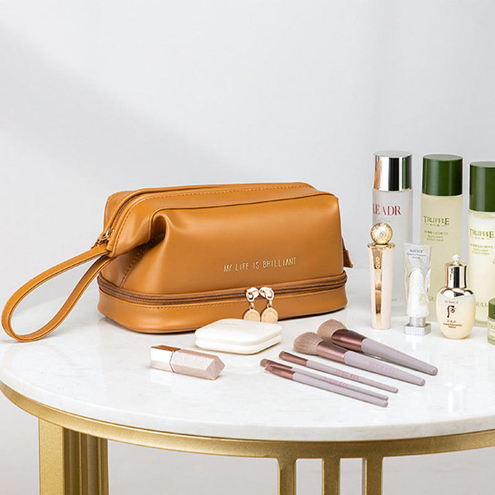 Make-up-Tasche für Damen, tragbare Reise-Kulturtasche aus Leder