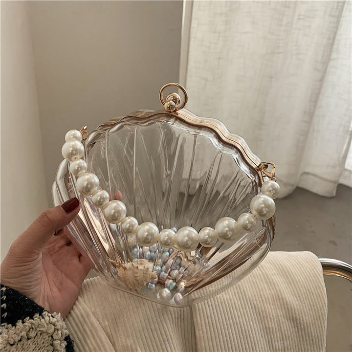 Umhängetasche für Damen mit Perlenkette und Clip, transparente Tasche