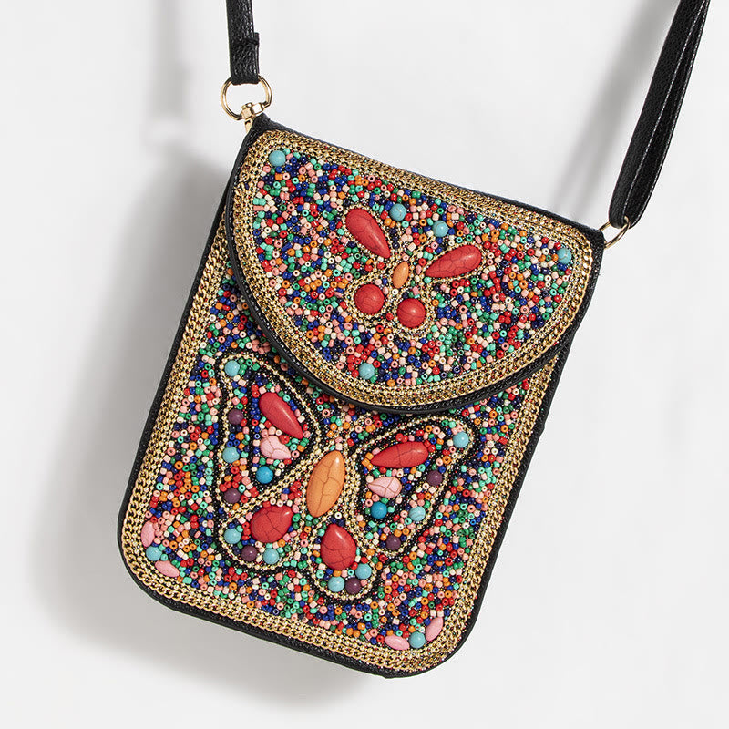 Bohemian Handytasche Damen Muschel Blumen Muster Magnetische Umhängetasche