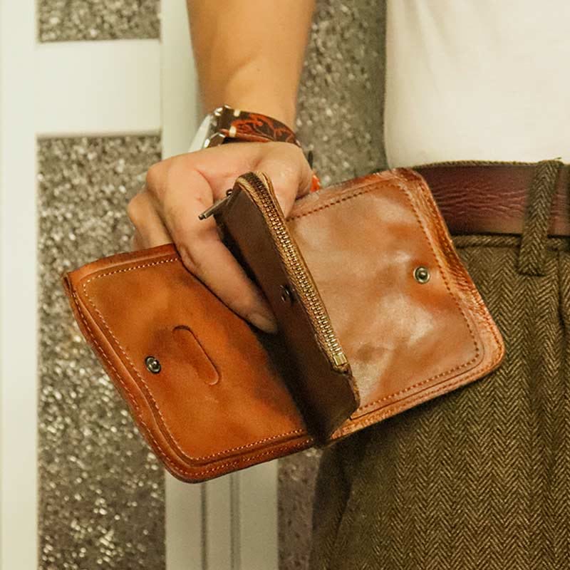 Ledergeldbörse für Herren, doppelt faltbar, Vintage, kurze Geldbörse mit Reißverschluss - image 1