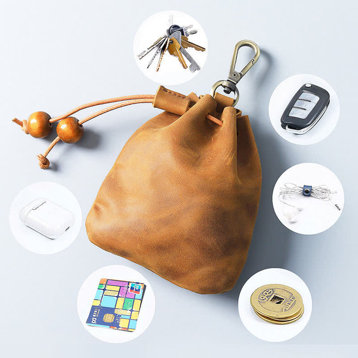 Vintage Münzgeldbörse Echtleder Beutel Brieftasche Kordelzug Aufbewahrungstasche