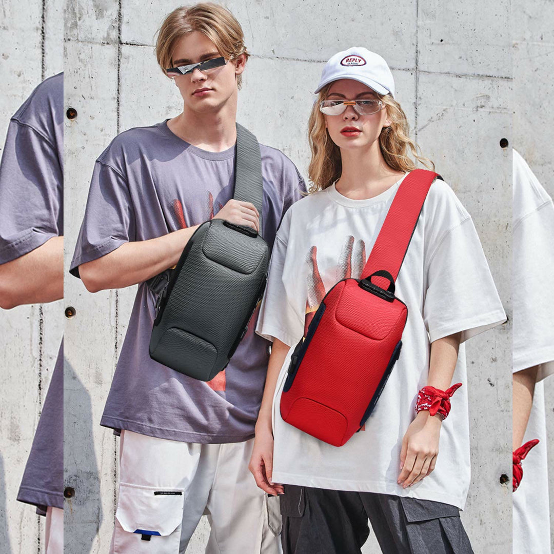 Modische Schultertasche mit mehreren Taschen, Brusttasche mit Passschloss und USB-Ladeanschluss