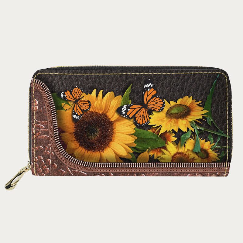 Damen-Geldbörse aus PU-Leder mit Schmetterlings- und Sonnenblumen-Muster, lange Geldbörse