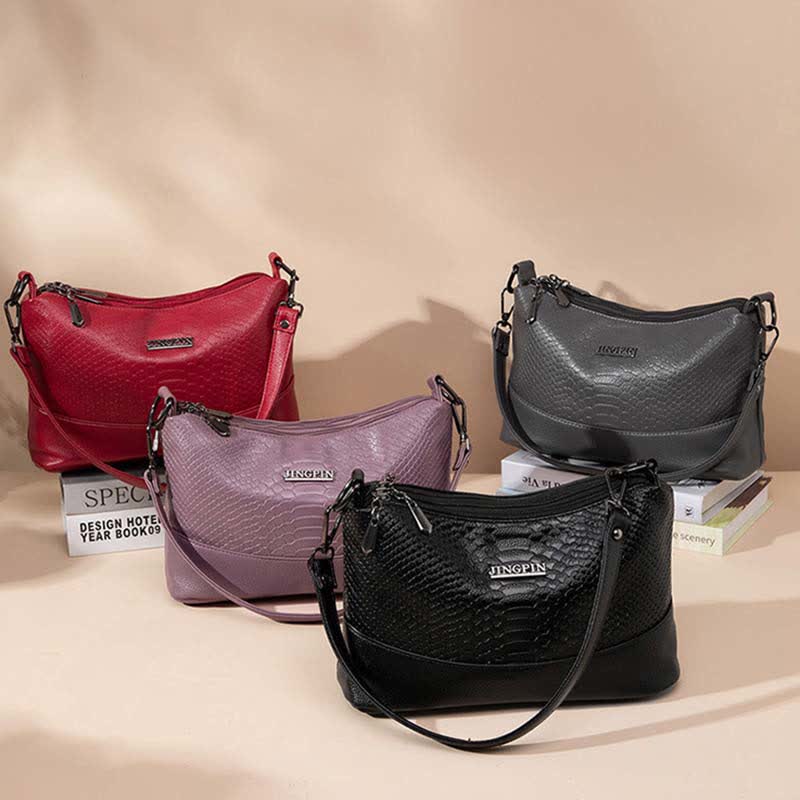 Umhängetasche mit drei Fächern für Damen, Beuteltasche aus veganem Leder