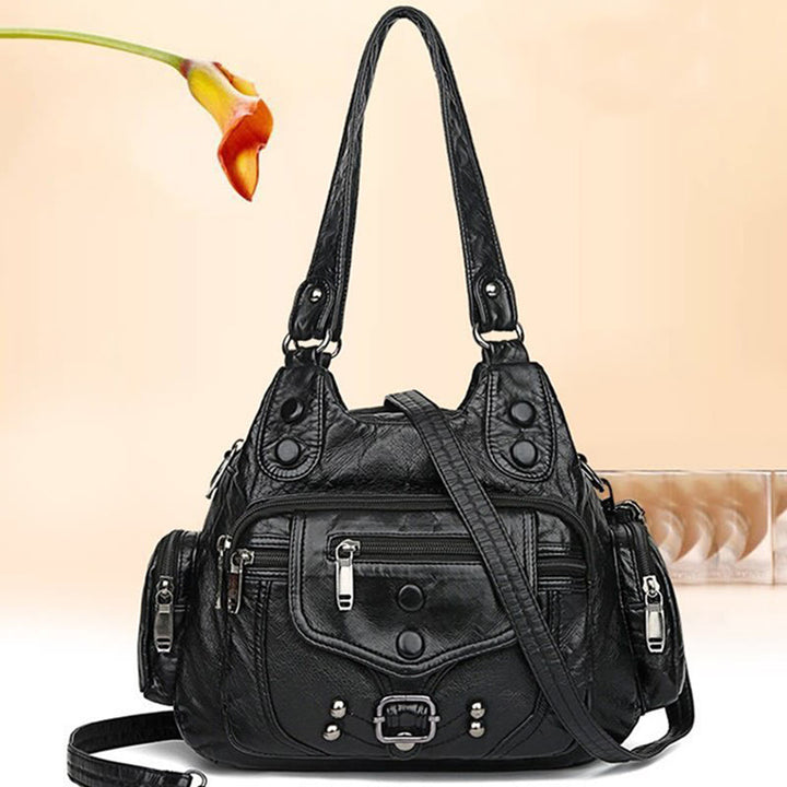 Tragetasche für Damen, Vintage, genietete Umhängetasche aus Leder mit mehreren Taschen