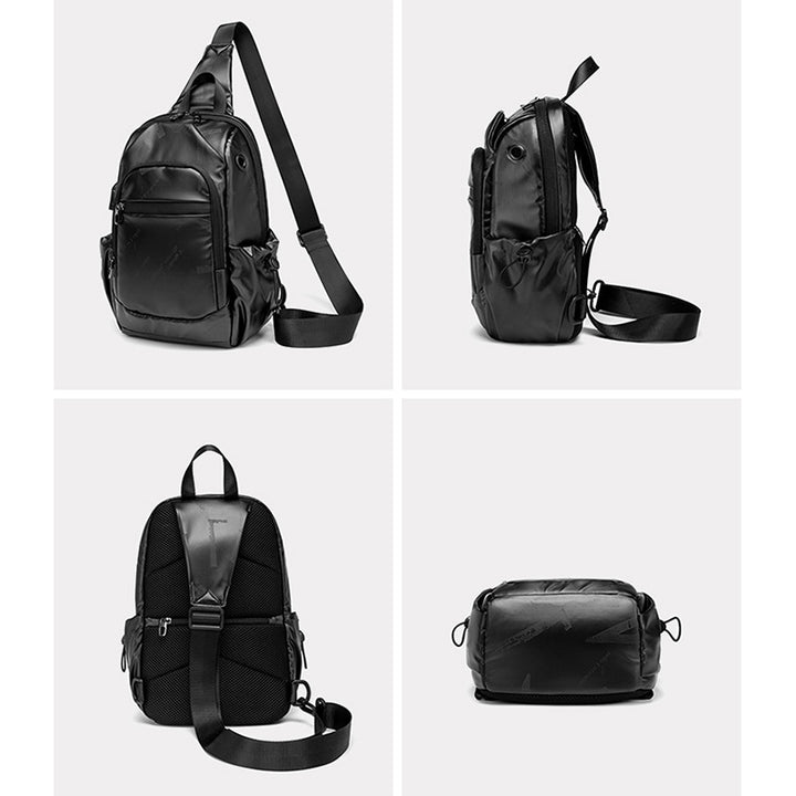 Kleine schwarze Sling-Umhängetasche für Damen und Herren, Tagesrucksack mit USB-Ladegerät