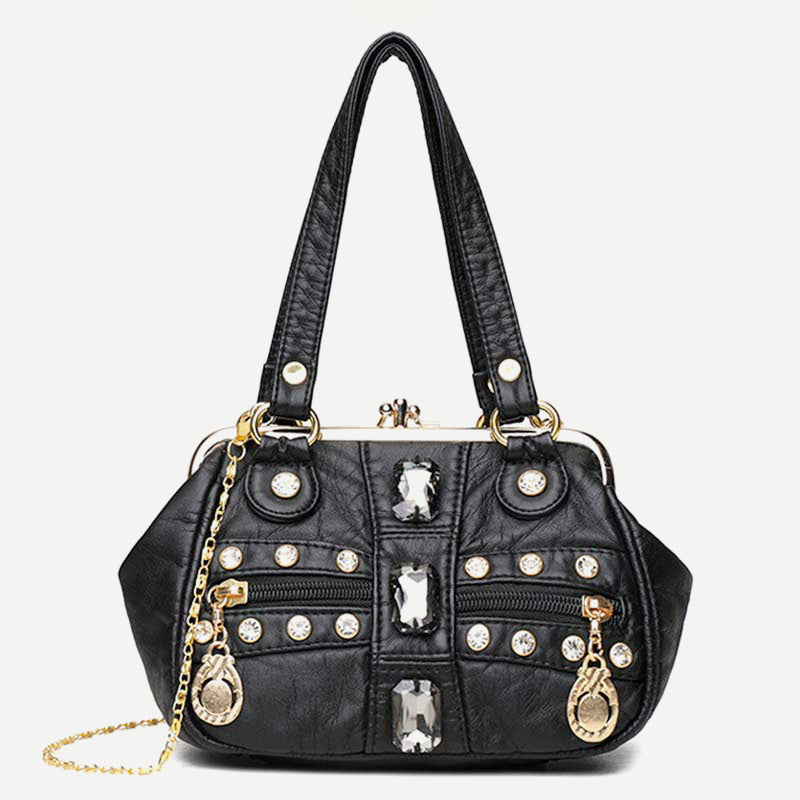 Retro Doppellagige Kiss-Lock Schulterhandtasche Party Abendtasche mit Umhängekette