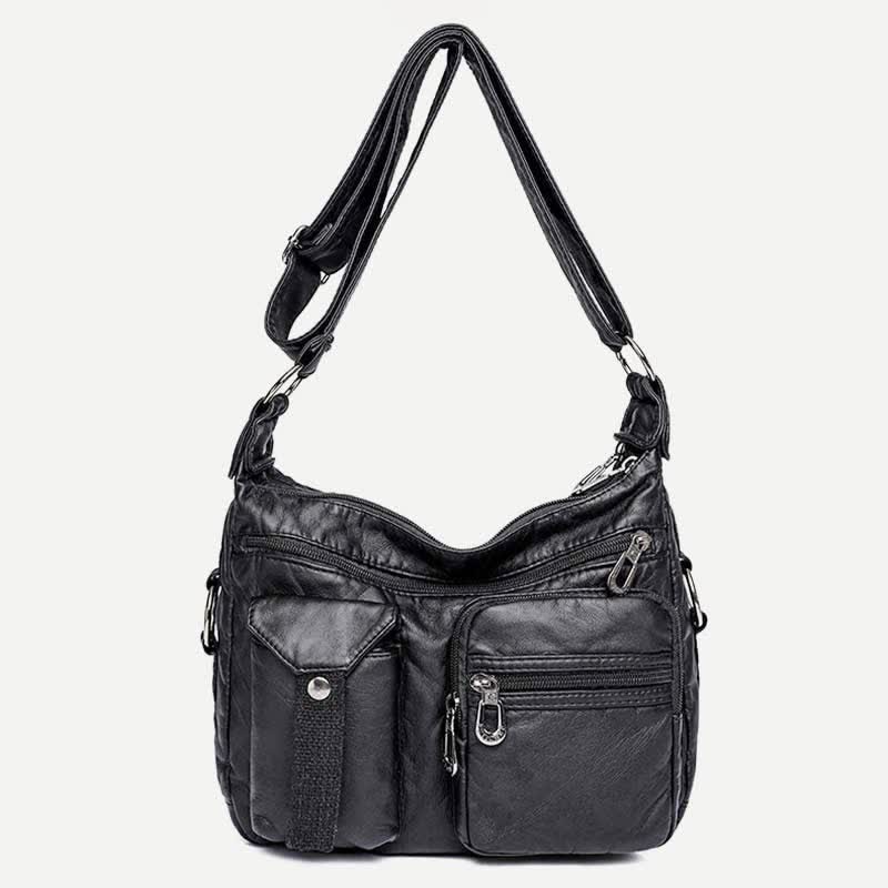 Damen Umhängetasche aus weichem Leder mit zwei Fächern, geräumige Handtasche, Schultertasche