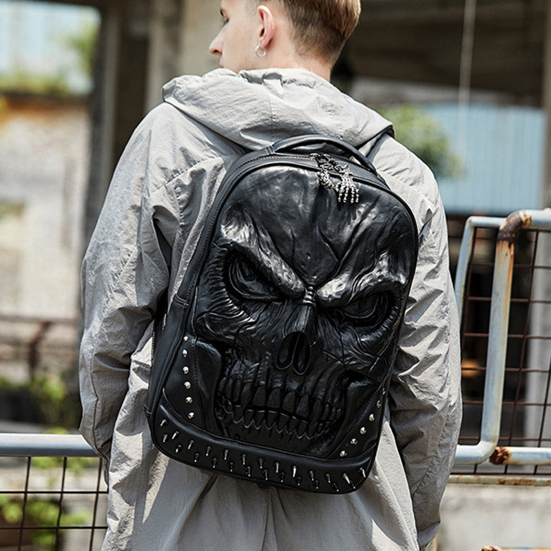 3D Totenkopf Punk Nieten Leder Rucksack Wasserdicht Geprägte Geister Kopf Knapsack